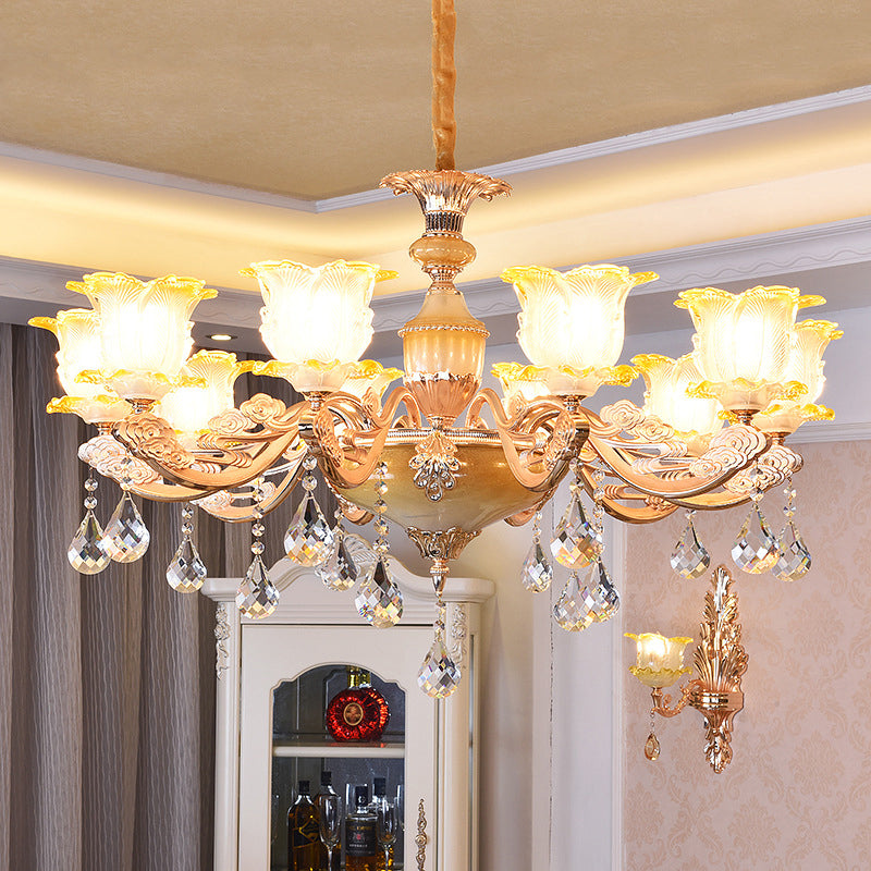 Carved Glass Floral Suspension Light Retro Style Living Room Chandelier Light with Crystal Accent 10 Ivory Clearhalo 'Ceiling Lights' 'Chandeliers' Lighting' options 2204950_8f826e97-73df-49d0-a9a4-7781c8f36e7b