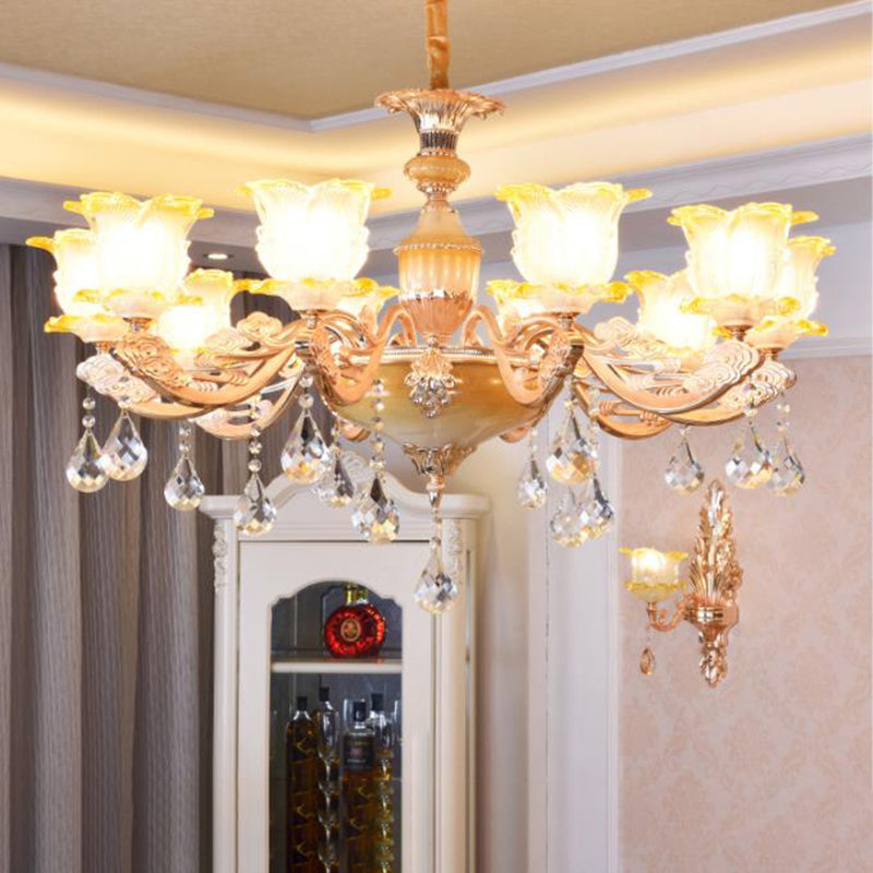 Carved Glass Floral Suspension Light Retro Style Living Room Chandelier Light with Crystal Accent Clearhalo 'Ceiling Lights' 'Chandeliers' Lighting' options 2204951