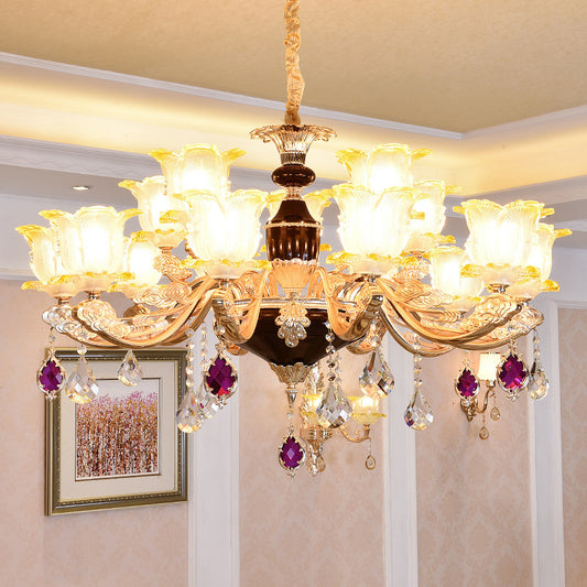 Carved Glass Floral Suspension Light Retro Style Living Room Chandelier Light with Crystal Accent Clearhalo 'Ceiling Lights' 'Chandeliers' Lighting' options 2204952