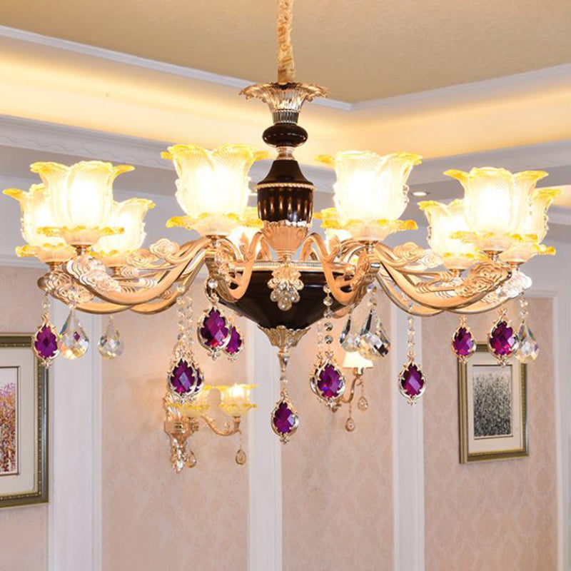 Carved Glass Floral Suspension Light Retro Style Living Room Chandelier Light with Crystal Accent 10 Burgundy Clearhalo 'Ceiling Lights' 'Chandeliers' Lighting' options 2204953_fac15aac-2f14-43b4-ac98-1a453ac374c2