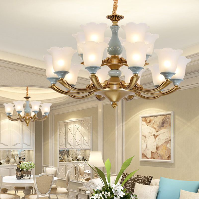 Frosted Glass Blue Chandelier Lighting Flared Classic Pendant Light with Ruffled Edge for Living Room Clearhalo 'Ceiling Lights' 'Chandeliers' Lighting' options 2204954