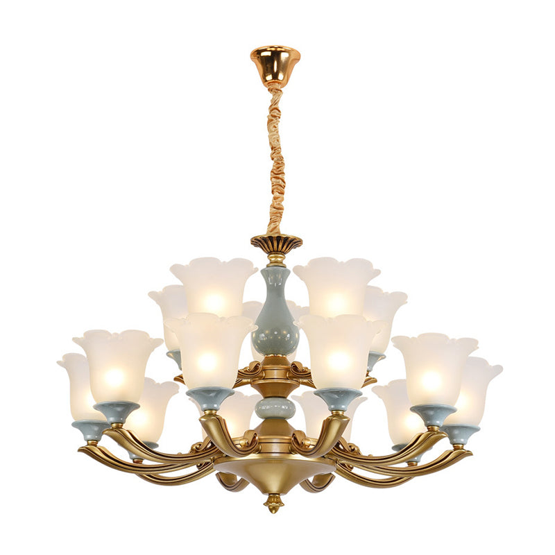 Frosted Glass Blue Chandelier Lighting Flared Classic Pendant Light with Ruffled Edge for Living Room Clearhalo 'Ceiling Lights' 'Chandeliers' Lighting' options 2204956