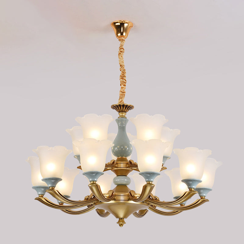 Frosted Glass Blue Chandelier Lighting Flared Classic Pendant Light with Ruffled Edge for Living Room Clearhalo 'Ceiling Lights' 'Chandeliers' Lighting' options 2204957