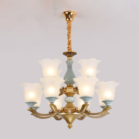 Frosted Glass Blue Chandelier Lighting Flared Classic Pendant Light with Ruffled Edge for Living Room Clearhalo 'Ceiling Lights' 'Chandeliers' Lighting' options 2204959