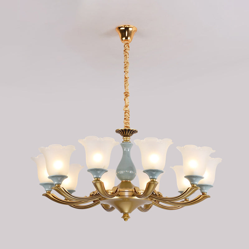 Frosted Glass Blue Chandelier Lighting Flared Classic Pendant Light with Ruffled Edge for Living Room Clearhalo 'Ceiling Lights' 'Chandeliers' Lighting' options 2204960