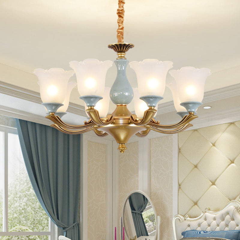 Frosted Glass Blue Chandelier Lighting Flared Classic Pendant Light with Ruffled Edge for Living Room Clearhalo 'Ceiling Lights' 'Chandeliers' Lighting' options 2204961