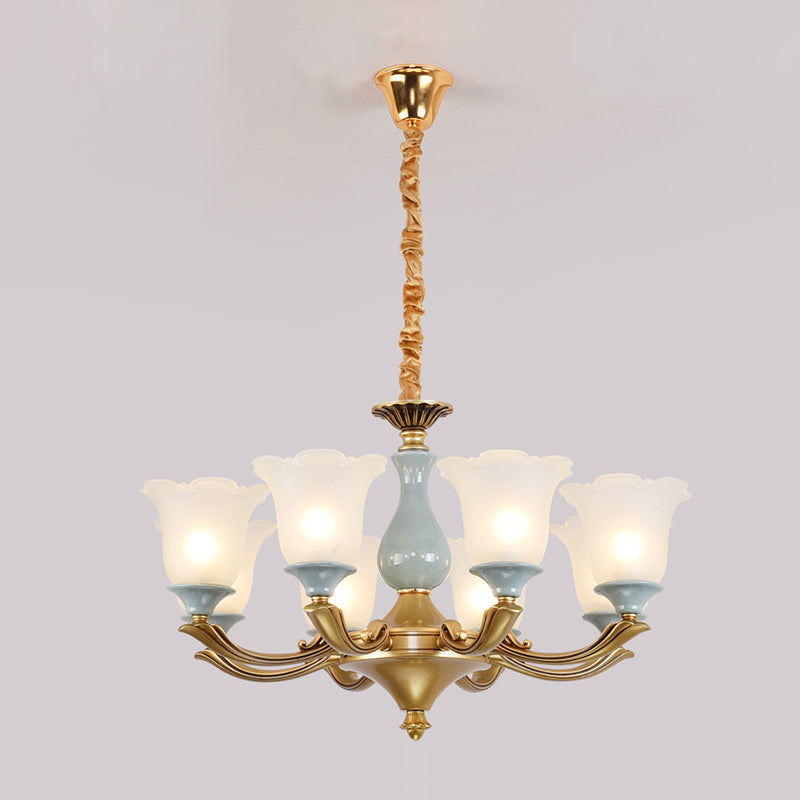 Frosted Glass Blue Chandelier Lighting Flared Classic Pendant Light with Ruffled Edge for Living Room Clearhalo 'Ceiling Lights' 'Chandeliers' Lighting' options 2204962