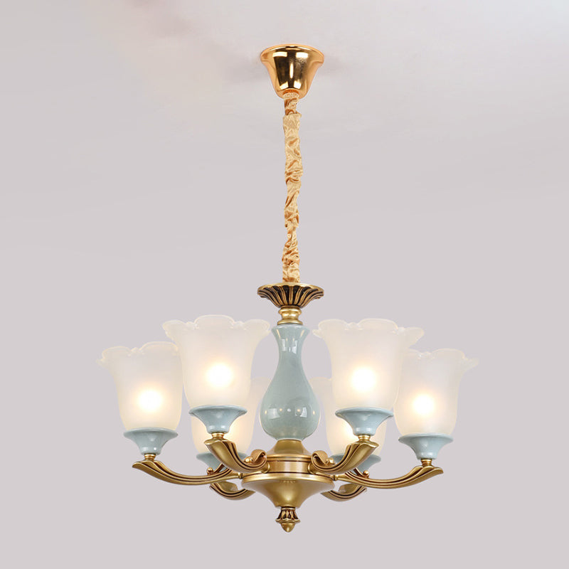 Frosted Glass Blue Chandelier Lighting Flared Classic Pendant Light with Ruffled Edge for Living Room Clearhalo 'Ceiling Lights' 'Chandeliers' Lighting' options 2204963