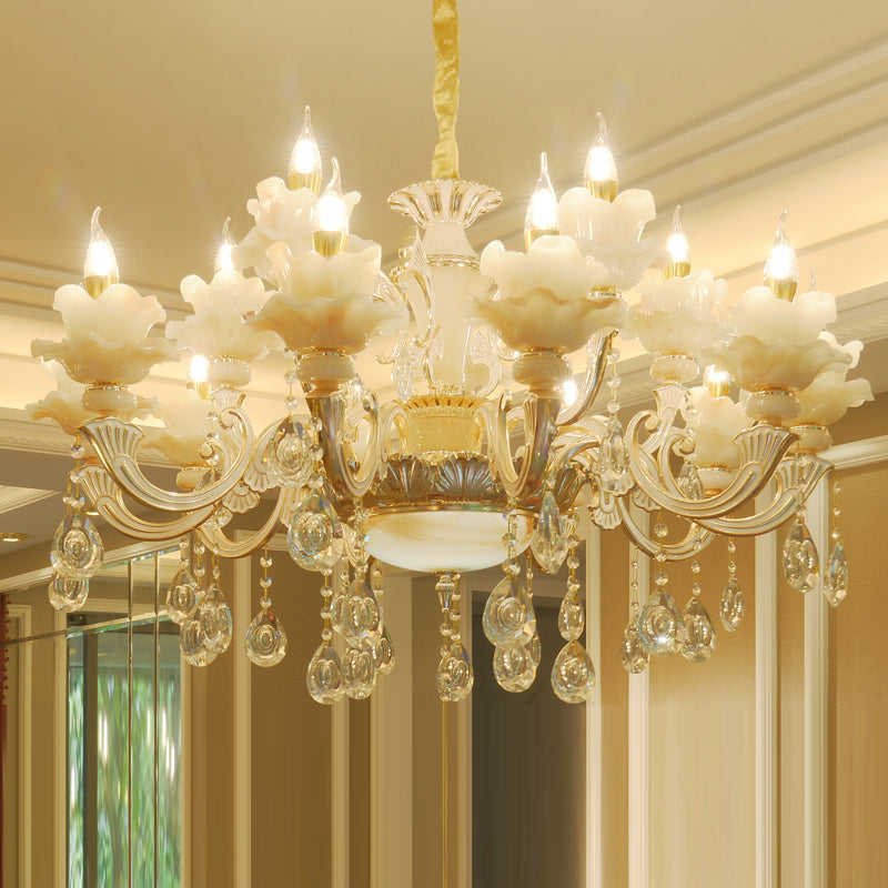 Gold Floral Ruffle Ceiling Lighting Traditional Jade Living Room Chandelier Light with Crystal Draping Clearhalo 'Ceiling Lights' 'Chandeliers' Lighting' options 2204964