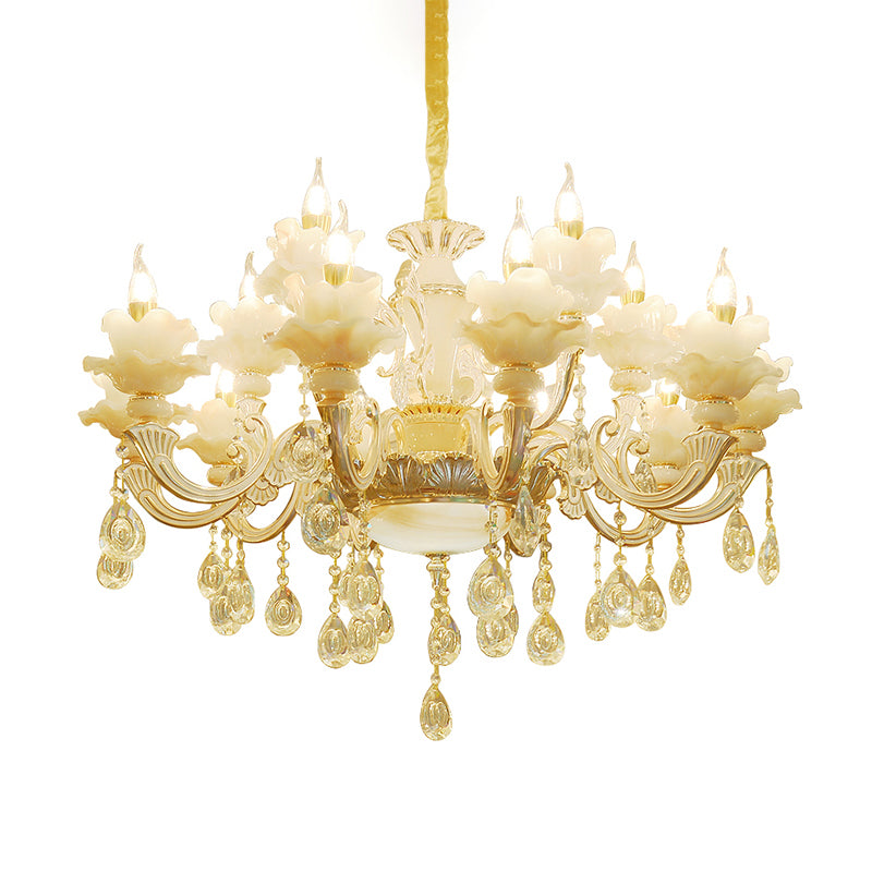 Gold Floral Ruffle Ceiling Lighting Traditional Jade Living Room Chandelier Light with Crystal Draping Clearhalo 'Ceiling Lights' 'Chandeliers' Lighting' options 2204965