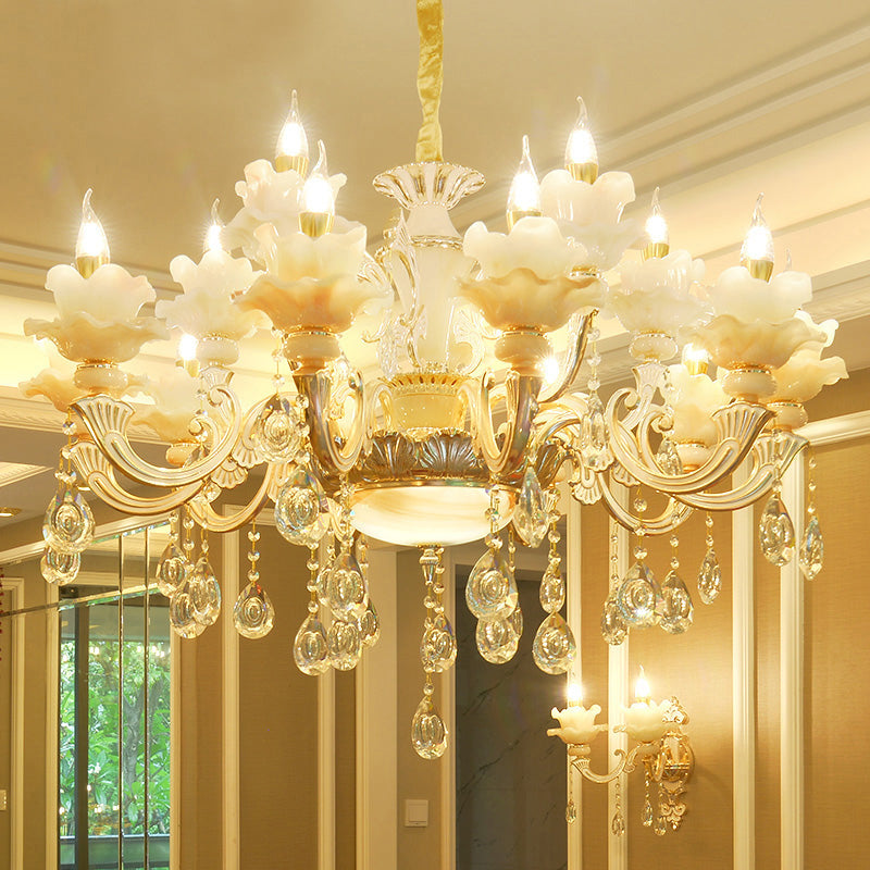 Gold Floral Ruffle Ceiling Lighting Traditional Jade Living Room Chandelier Light with Crystal Draping Clearhalo 'Ceiling Lights' 'Chandeliers' Lighting' options 2204966