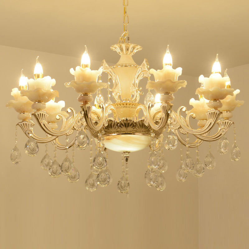 Gold Floral Ruffle Ceiling Lighting Traditional Jade Living Room Chandelier Light with Crystal Draping Clearhalo 'Ceiling Lights' 'Chandeliers' Lighting' options 2204967