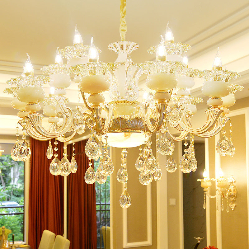 Gold Floral Ruffle Ceiling Lighting Traditional Jade Living Room Chandelier Light with Crystal Draping Clearhalo 'Ceiling Lights' 'Chandeliers' Lighting' options 2204968