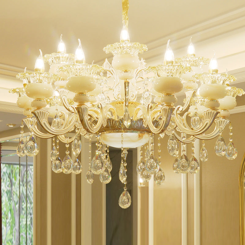 Gold Floral Ruffle Ceiling Lighting Traditional Jade Living Room Chandelier Light with Crystal Draping Clearhalo 'Ceiling Lights' 'Chandeliers' Lighting' options 2204969