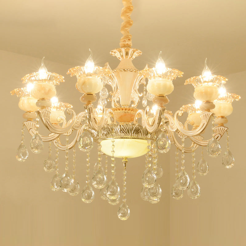 Gold Floral Ruffle Ceiling Lighting Traditional Jade Living Room Chandelier Light with Crystal Draping Clearhalo 'Ceiling Lights' 'Chandeliers' Lighting' options 2204970