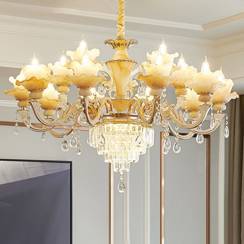 Gold Floral Ruffle Ceiling Lighting Traditional Jade Living Room Chandelier Light with Crystal Draping Clearhalo 'Ceiling Lights' 'Chandeliers' Lighting' options 2204971