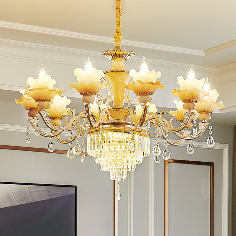 Gold Floral Ruffle Ceiling Lighting Traditional Jade Living Room Chandelier Light with Crystal Draping Clearhalo 'Ceiling Lights' 'Chandeliers' Lighting' options 2204972