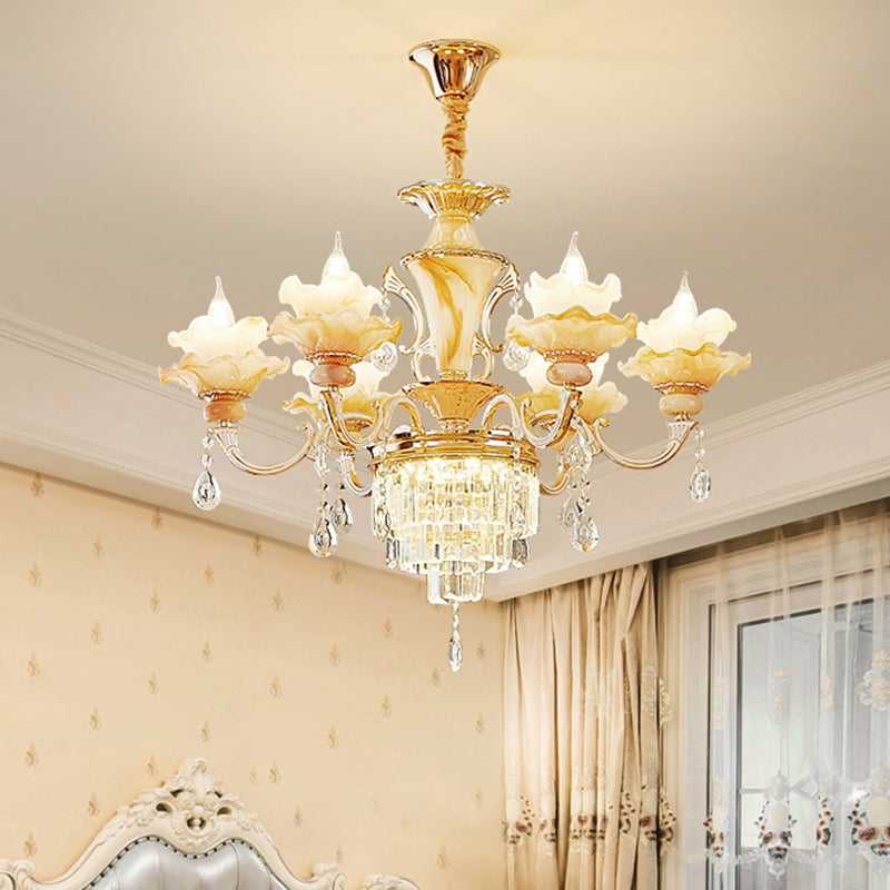 Gold Floral Ruffle Ceiling Lighting Traditional Jade Living Room Chandelier Light with Crystal Draping Clearhalo 'Ceiling Lights' 'Chandeliers' Lighting' options 2204973