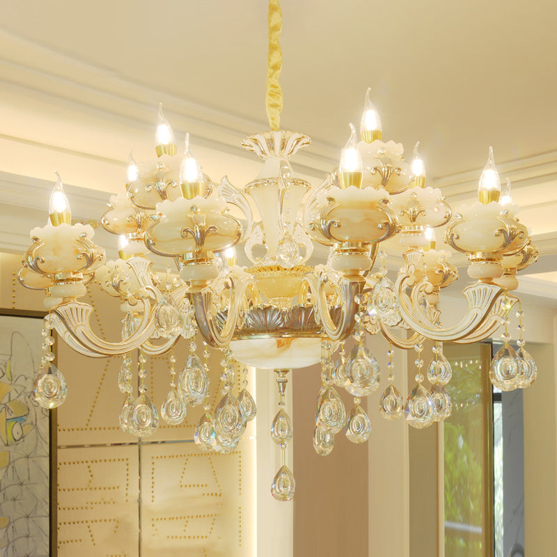 Gold Floral Ruffle Ceiling Lighting Traditional Jade Living Room Chandelier Light with Crystal Draping Clearhalo 'Ceiling Lights' 'Chandeliers' Lighting' options 2204974