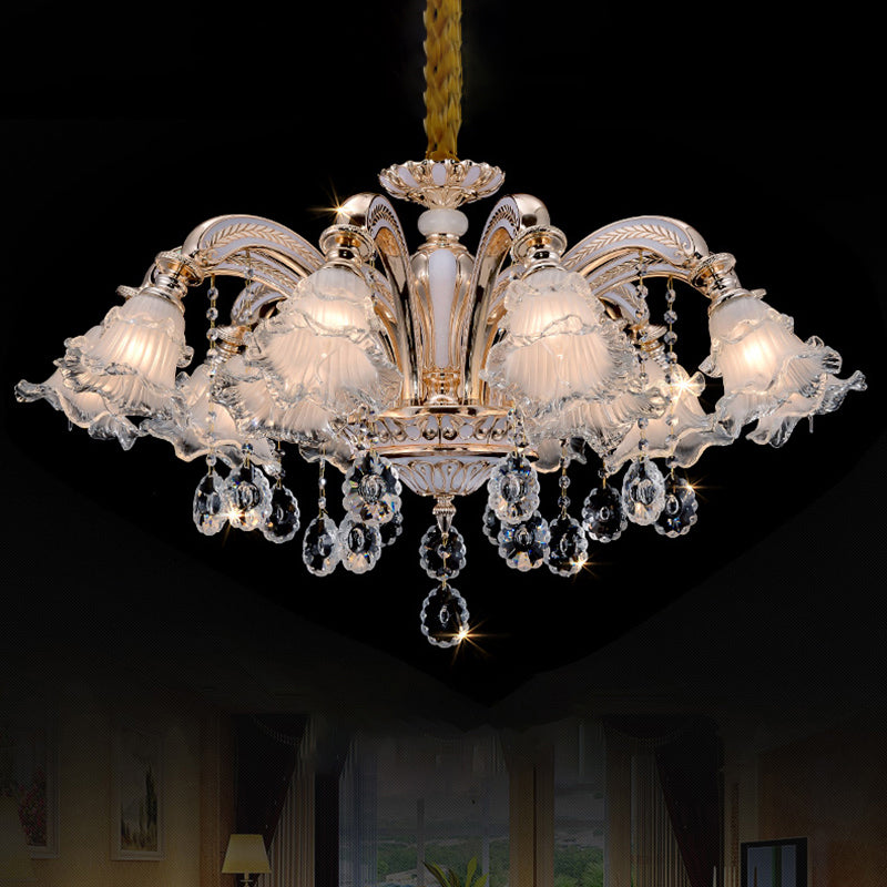 Vintage Floral Chandelier Pendant Light Ribbed Ruffle Glass Hanging Light with Crystal Accent Clearhalo 'Ceiling Lights' 'Chandeliers' Lighting' options 2204976