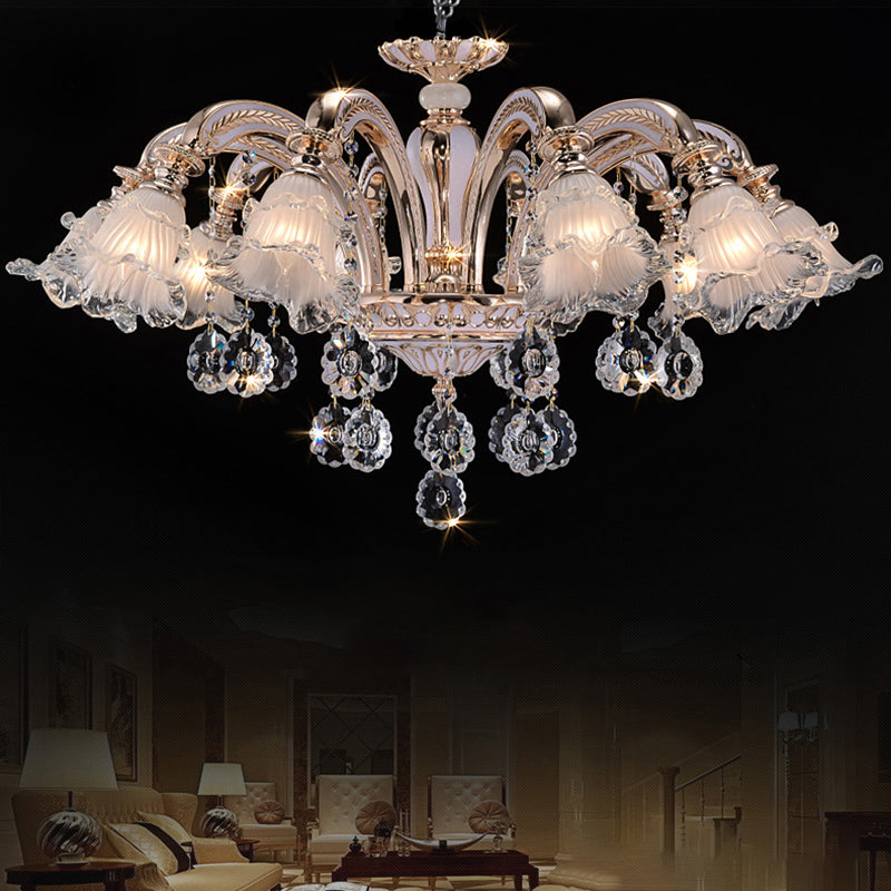 Vintage Floral Chandelier Pendant Light Ribbed Ruffle Glass Hanging Light with Crystal Accent Clearhalo 'Ceiling Lights' 'Chandeliers' Lighting' options 2204977