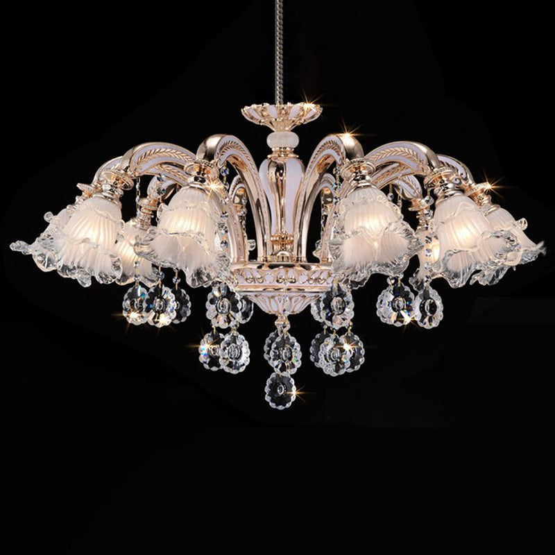 Vintage Floral Chandelier Pendant Light Ribbed Ruffle Glass Hanging Light with Crystal Accent Clearhalo 'Ceiling Lights' 'Chandeliers' Lighting' options 2204978