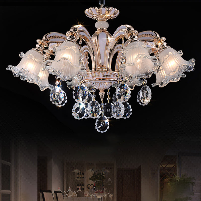 Vintage Floral Chandelier Pendant Light Ribbed Ruffle Glass Hanging Light with Crystal Accent Clearhalo 'Ceiling Lights' 'Chandeliers' Lighting' options 2204979