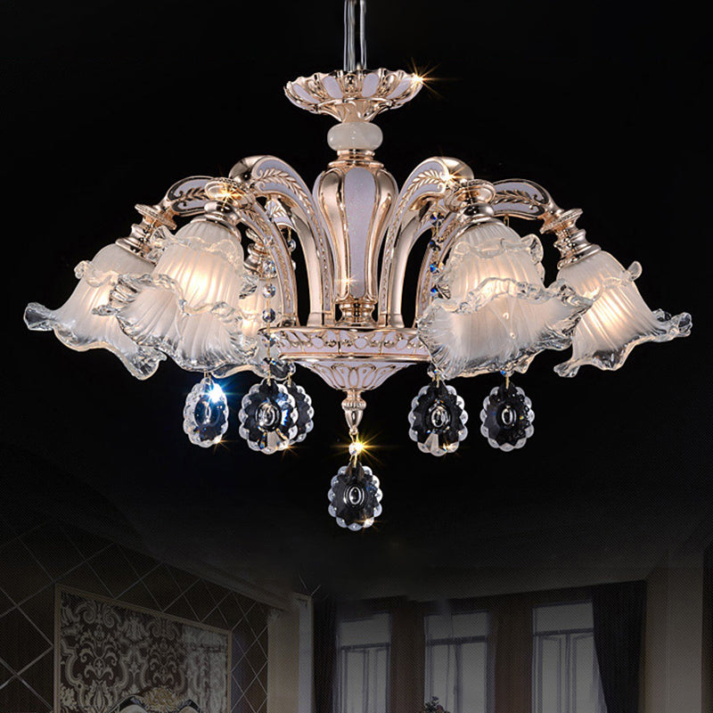 Vintage Floral Chandelier Pendant Light Ribbed Ruffle Glass Hanging Light with Crystal Accent Clearhalo 'Ceiling Lights' 'Chandeliers' Lighting' options 2204980