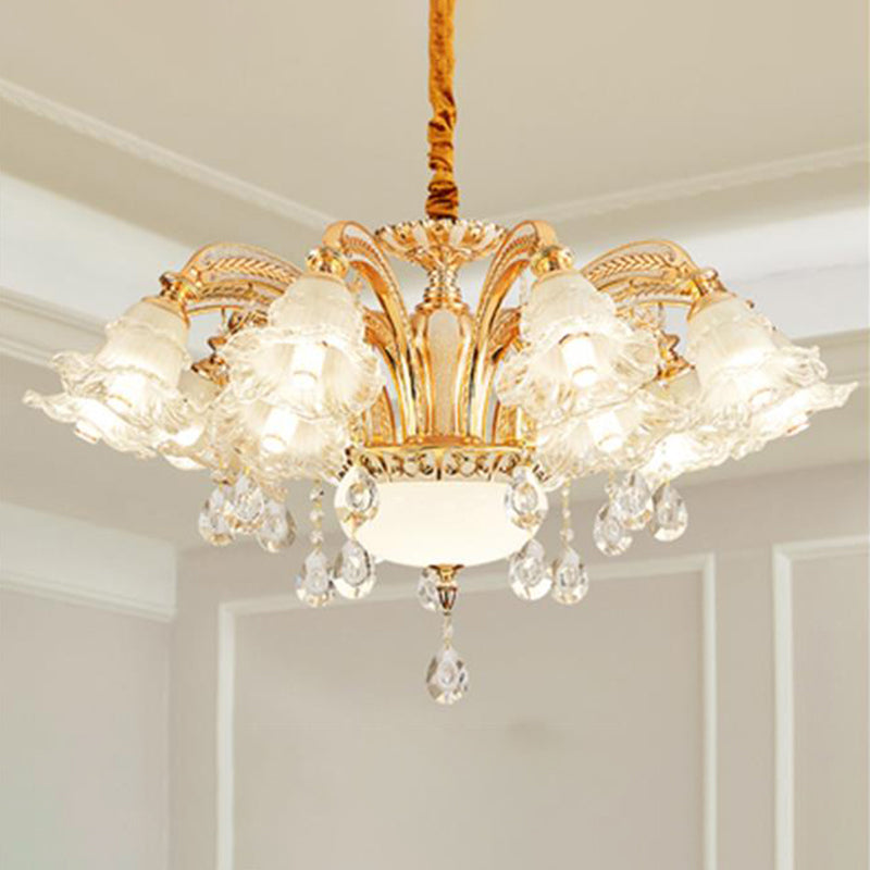 Vintage Floral Chandelier Pendant Light Ribbed Ruffle Glass Hanging Light with Crystal Accent Clearhalo 'Ceiling Lights' 'Chandeliers' Lighting' options 2204981