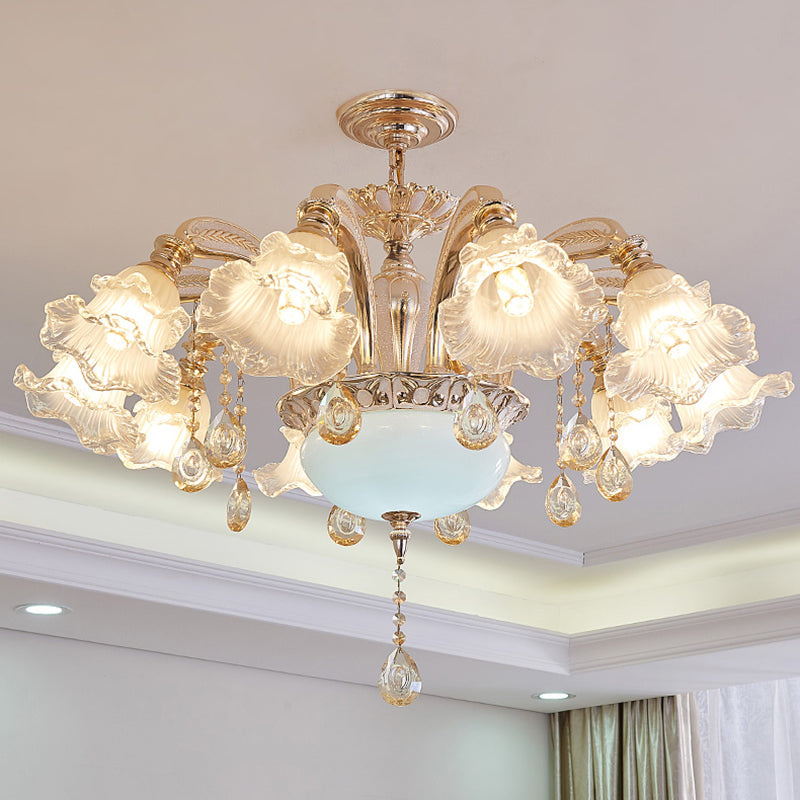 Vintage Floral Chandelier Pendant Light Ribbed Ruffle Glass Hanging Light with Crystal Accent Clearhalo 'Ceiling Lights' 'Chandeliers' Lighting' options 2204982