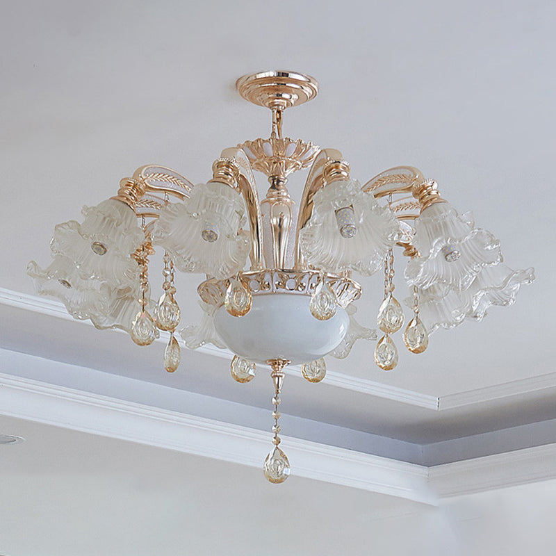 Vintage Floral Chandelier Pendant Light Ribbed Ruffle Glass Hanging Light with Crystal Accent Clearhalo 'Ceiling Lights' 'Chandeliers' Lighting' options 2204985