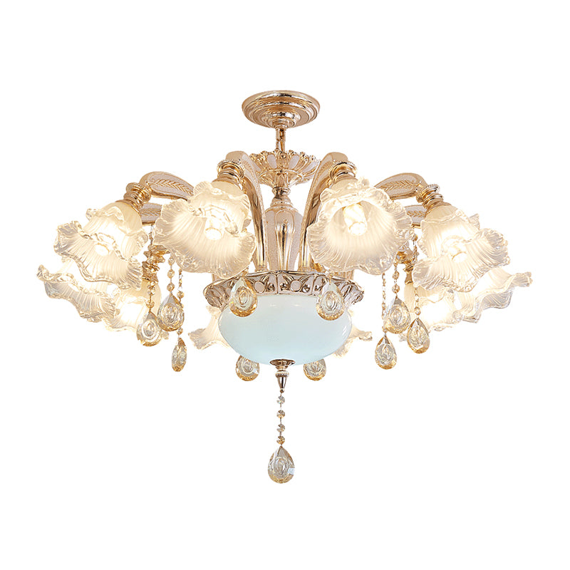 Vintage Floral Chandelier Pendant Light Ribbed Ruffle Glass Hanging Light with Crystal Accent Clearhalo 'Ceiling Lights' 'Chandeliers' Lighting' options 2204986