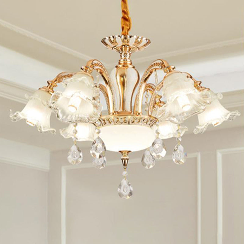 Vintage Floral Chandelier Pendant Light Ribbed Ruffle Glass Hanging Light with Crystal Accent 6 White Clearhalo 'Ceiling Lights' 'Chandeliers' Lighting' options 2204988_41bfb8a7-b429-4c73-9827-923d69c9547d