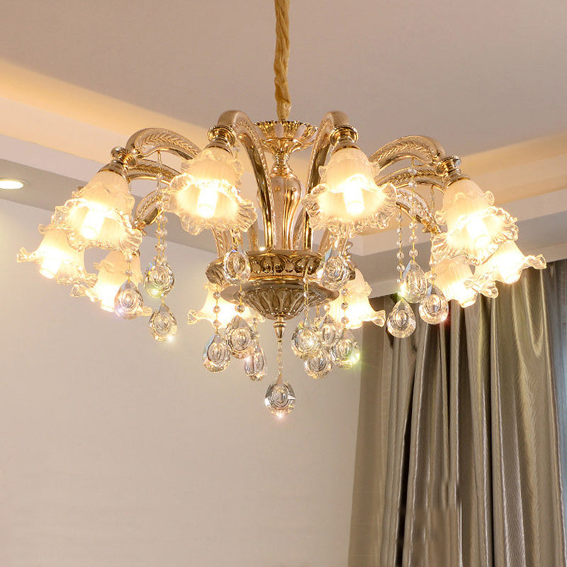 Ruffled Bell Textured Glass Chandelier Light Retro Living Room Hanging Light with Hanging Crystal in Gold 10 Gold Clearhalo 'Ceiling Lights' 'Chandeliers' Lighting' options 2204989_f3cc83f9-faae-4280-8ed2-36eb4dd4de47