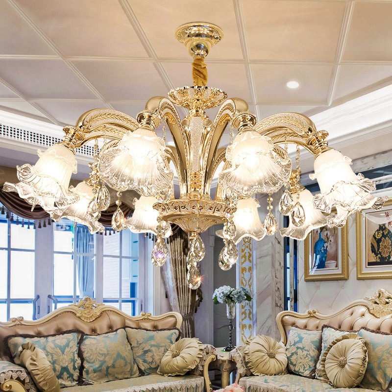 Ruffled Bell Textured Glass Chandelier Light Retro Living Room Hanging Light with Hanging Crystal in Gold 12 Gold Clearhalo 'Ceiling Lights' 'Chandeliers' Lighting' options 2204991_b1f97ea8-890e-4388-a00c-ab2cd2057368