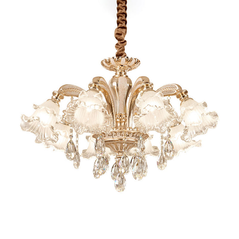 Ruffled Bell Textured Glass Chandelier Light Retro Living Room Hanging Light with Hanging Crystal in Gold 8 Gold Clearhalo 'Ceiling Lights' 'Chandeliers' Lighting' options 2204992_e55fe902-efa4-4258-a540-9e9a833a7fb5