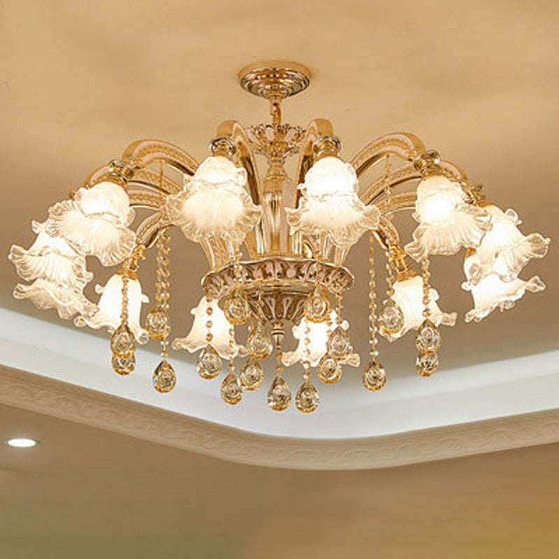 Ribbed Glass Ruffled Flower Suspension Light Retro Living Room Chandelier Light with Crystal Draping in Gold 12 Gold B Clearhalo 'Ceiling Lights' 'Chandeliers' Lighting' options 2204994_fbf52e39-c358-416d-b075-83b97165ccb1