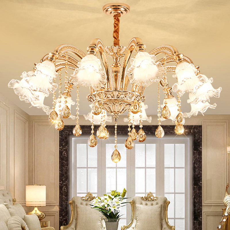 Ribbed Glass Ruffled Flower Suspension Light Retro Living Room Chandelier Light with Crystal Draping in Gold Clearhalo 'Ceiling Lights' 'Chandeliers' Lighting' options 2204995