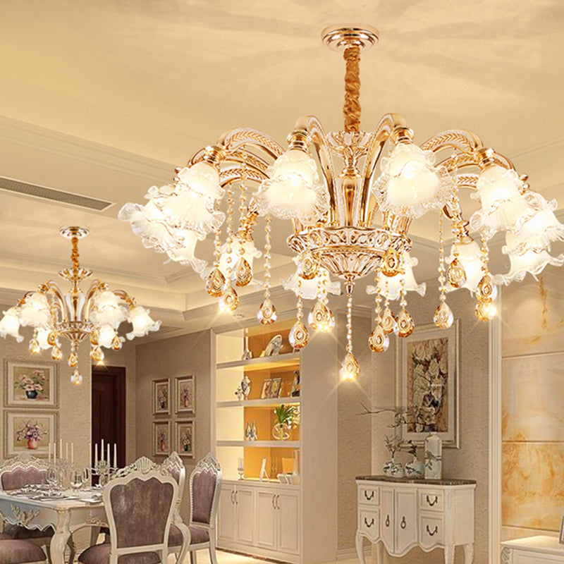 Ribbed Glass Ruffled Flower Suspension Light Retro Living Room Chandelier Light with Crystal Draping in Gold Clearhalo 'Ceiling Lights' 'Chandeliers' Lighting' options 2204996