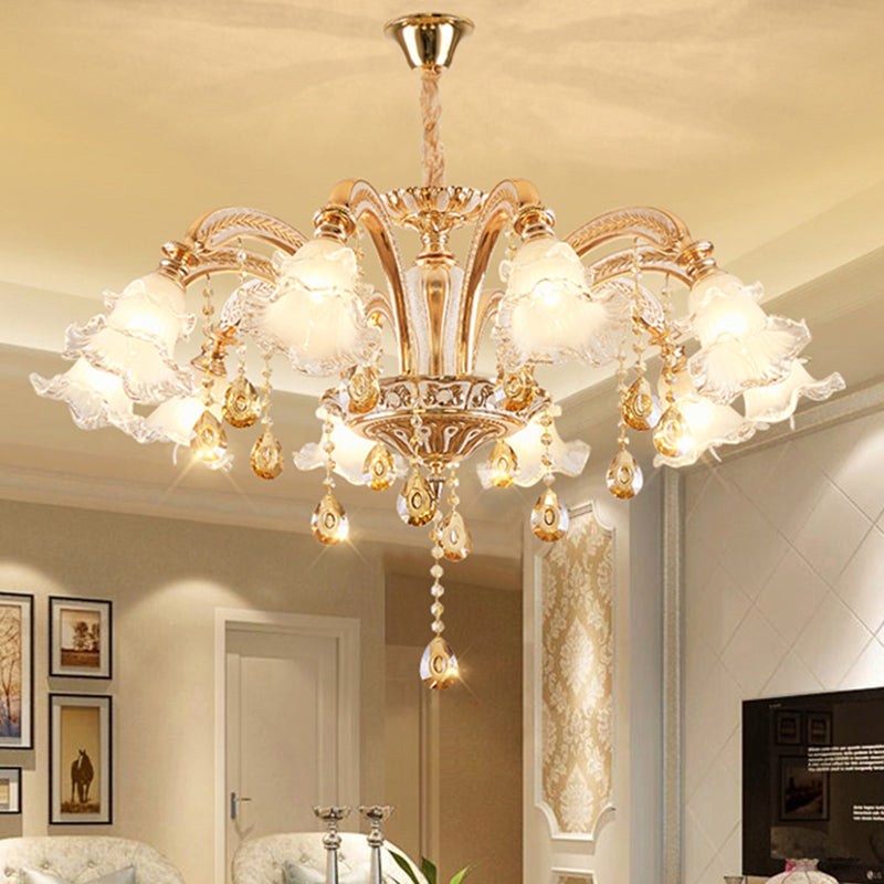 Ribbed Glass Ruffled Flower Suspension Light Retro Living Room Chandelier Light with Crystal Draping in Gold Clearhalo 'Ceiling Lights' 'Chandeliers' Lighting' options 2204997