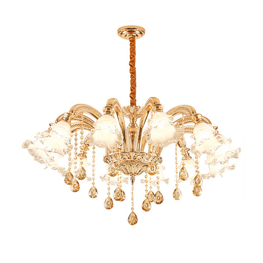 Ribbed Glass Ruffled Flower Suspension Light Retro Living Room Chandelier Light with Crystal Draping in Gold Clearhalo 'Ceiling Lights' 'Chandeliers' Lighting' options 2204998