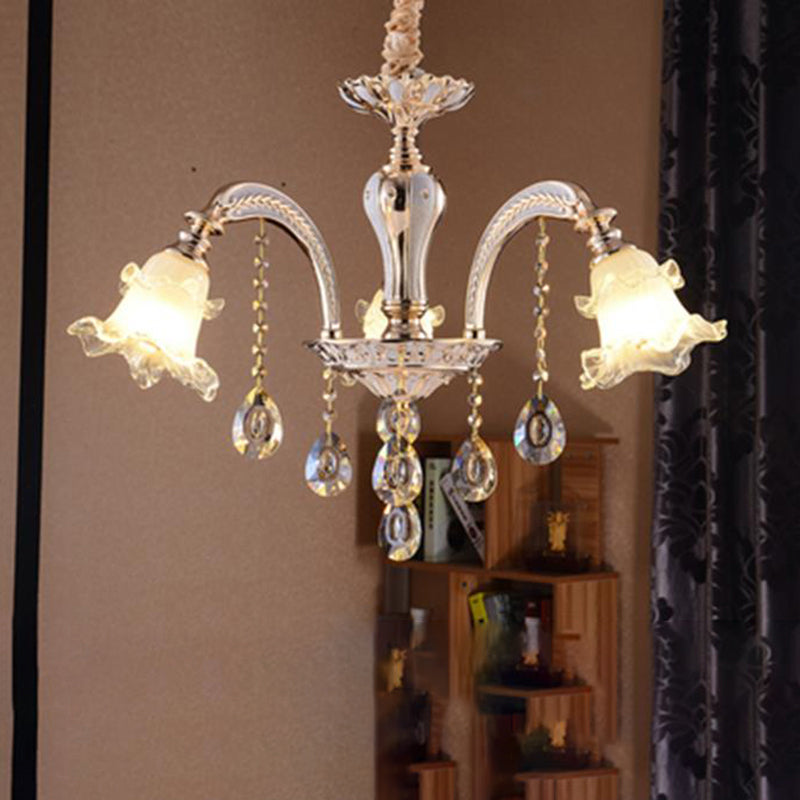 Ribbed Glass Ruffled Flower Suspension Light Retro Living Room Chandelier Light with Crystal Draping in Gold 3 Gold B Clearhalo 'Ceiling Lights' 'Chandeliers' Lighting' options 2205001_898332ed-f78a-4a20-9080-d7ac67b4b3ee