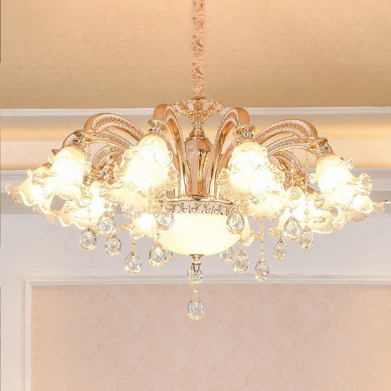 Ribbed Glass Ruffled Flower Suspension Light Retro Living Room Chandelier Light with Crystal Draping in Gold Gold A Clearhalo 'Ceiling Lights' 'Chandeliers' Lighting' options 2205002_0066cfe8-87ae-4c52-b20b-21510772ee71