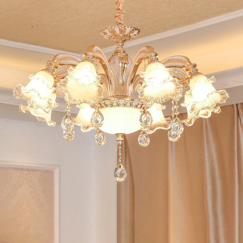 Ribbed Glass Ruffled Flower Suspension Light Retro Living Room Chandelier Light with Crystal Draping in Gold 8 Gold A Clearhalo 'Ceiling Lights' 'Chandeliers' Lighting' options 2205003_c4451e85-5f52-468a-9a75-aeff3604e766