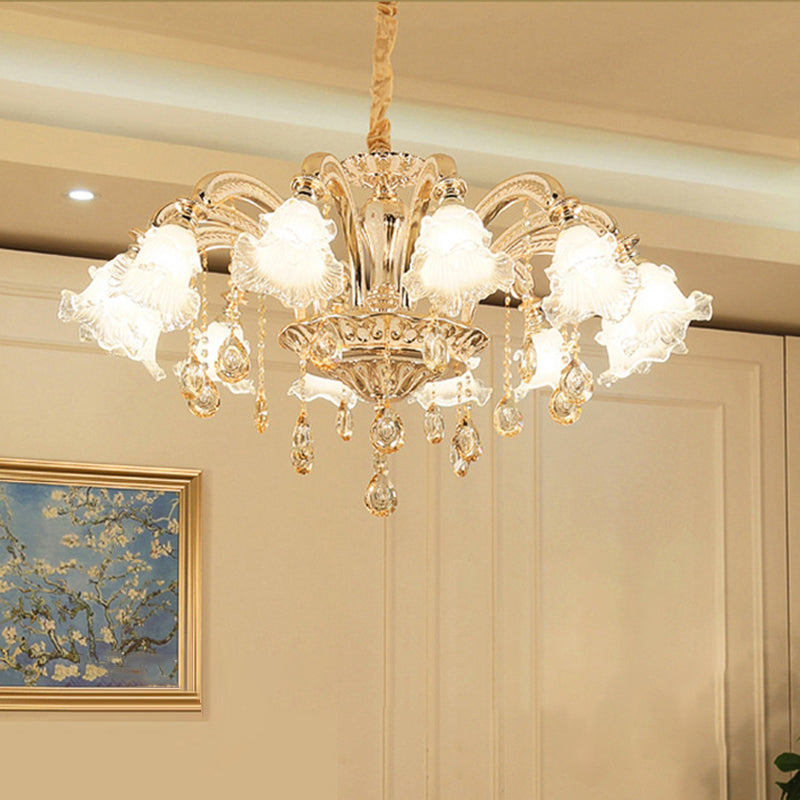 Flared Living Room Chandelier Lighting Classic Ruffle Glass Gold Pendant Light with Crystal Accent Clearhalo 'Ceiling Lights' 'Chandeliers' Lighting' options 2205006