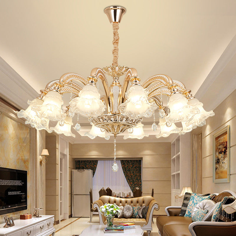 Flared Living Room Chandelier Lighting Classic Ruffle Glass Gold Pendant Light with Crystal Accent Clearhalo 'Ceiling Lights' 'Chandeliers' Lighting' options 2205007