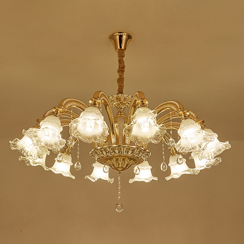 Flared Living Room Chandelier Lighting Classic Ruffle Glass Gold Pendant Light with Crystal Accent Clearhalo 'Ceiling Lights' 'Chandeliers' Lighting' options 2205008