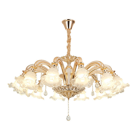 Flared Living Room Chandelier Lighting Classic Ruffle Glass Gold Pendant Light with Crystal Accent Clearhalo 'Ceiling Lights' 'Chandeliers' Lighting' options 2205009