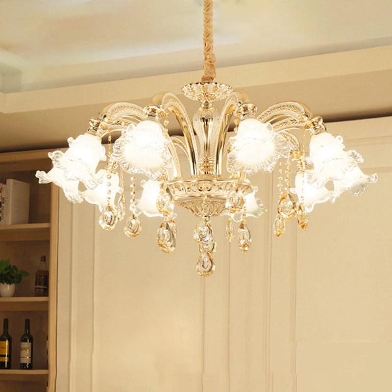 Flared Living Room Chandelier Lighting Classic Ruffle Glass Gold Pendant Light with Crystal Accent Clearhalo 'Ceiling Lights' 'Chandeliers' Lighting' options 2205010