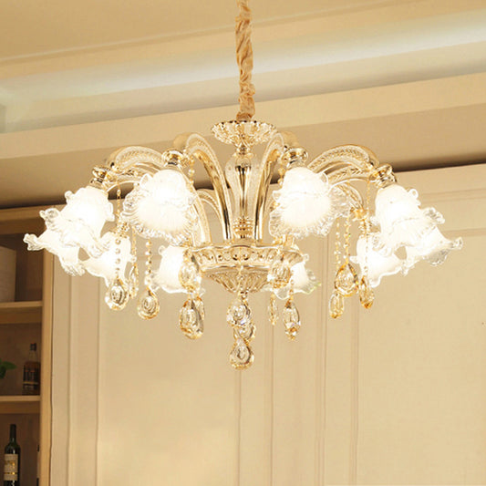 Flared Living Room Chandelier Lighting Classic Ruffle Glass Gold Pendant Light with Crystal Accent Clearhalo 'Ceiling Lights' 'Chandeliers' Lighting' options 2205011